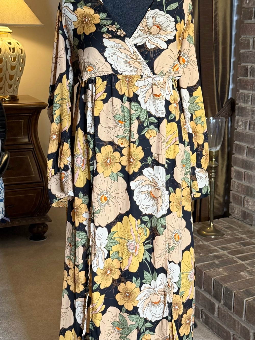 Forever 21 XL Retro Floral Maxi Dress 70s Boho Bell Sleeve Belted